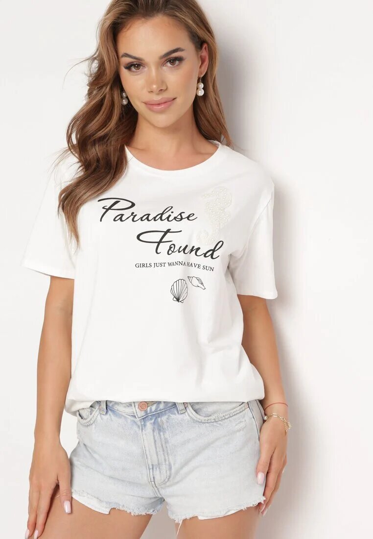 glo-story Tricou Clasic Din Bumbac Alb Cu Mânecă Scurtă Cu Imprimeu Decorat Cu Perle Tiavenna