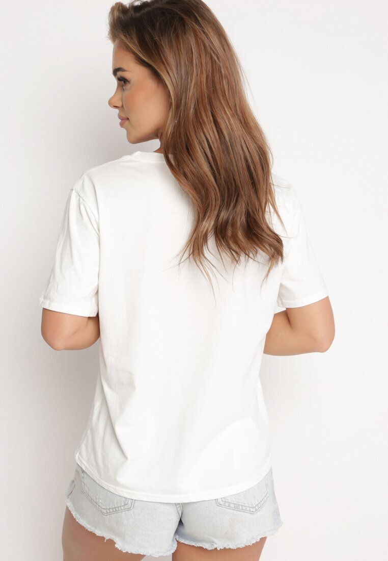 glo-story Tricou Clasic Din Bumbac Alb Cu Mânecă Scurtă Cu Imprimeu Decorat Cu Perle Tiavenna