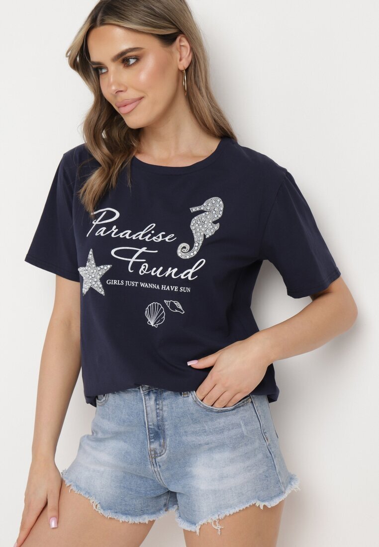 glo-story Tricou Clasic din bumbac Bleumarin cu mânecă scurtă cu imprimeu împodobit cu perle Tiavenna