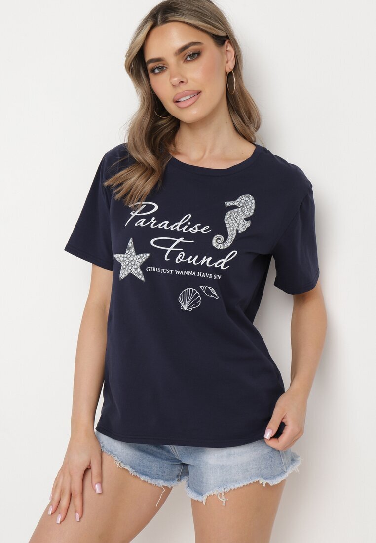 glo-story Tricou Clasic din bumbac Bleumarin cu mânecă scurtă cu imprimeu împodobit cu perle Tiavenna