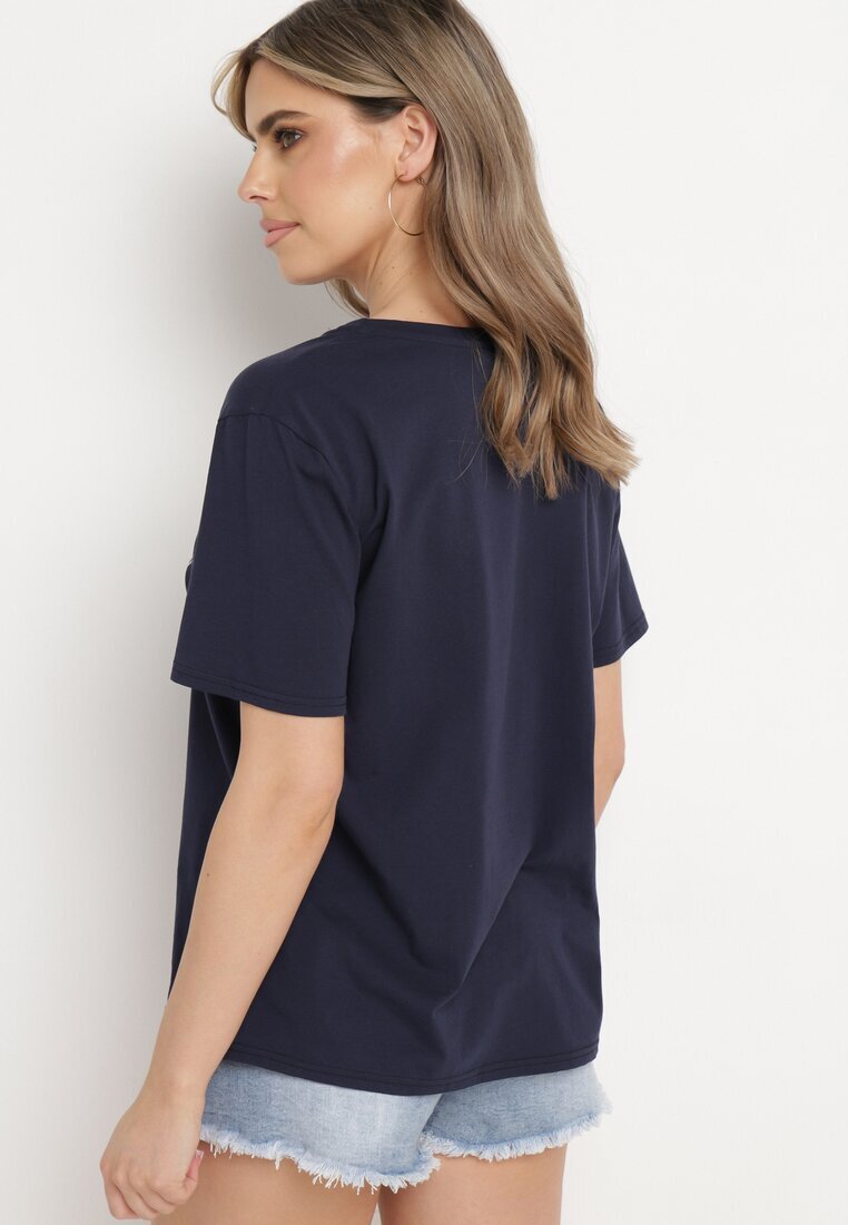 glo-story Tricou Clasic din bumbac Bleumarin cu mânecă scurtă cu imprimeu împodobit cu perle Tiavenna