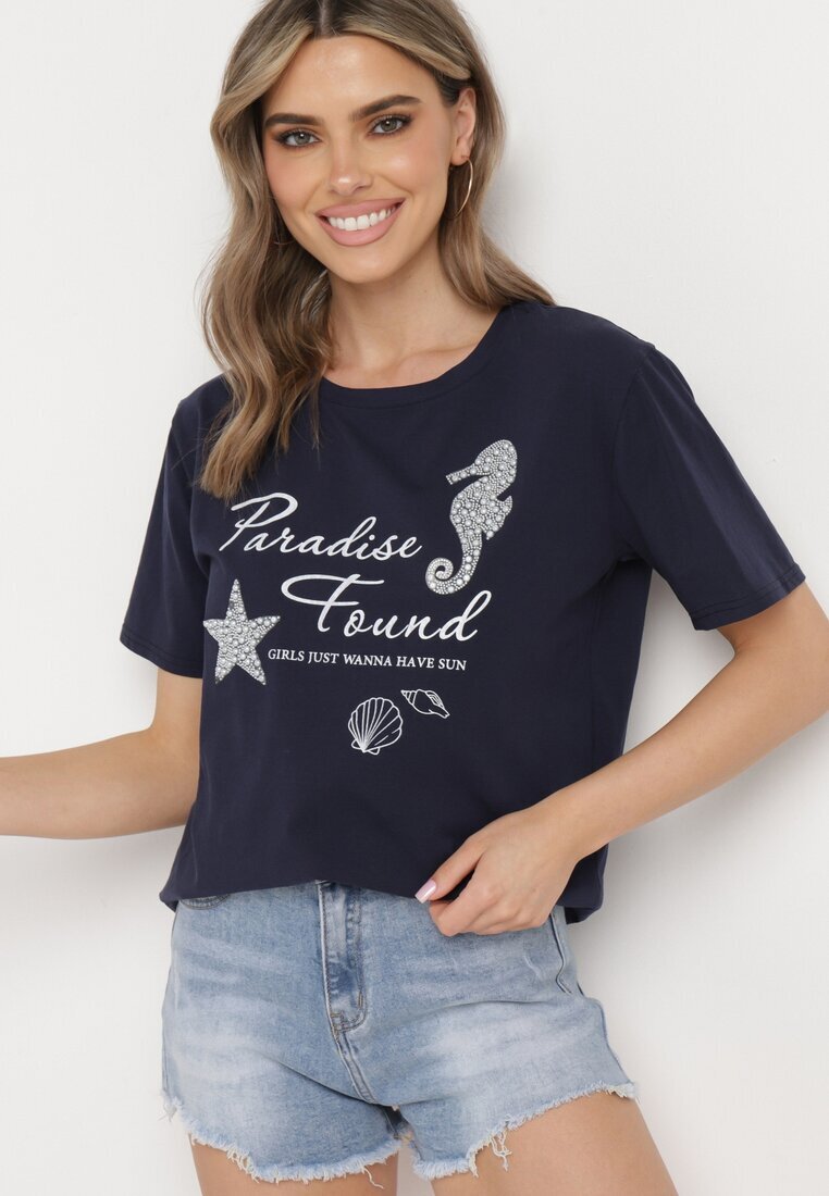 glo-story Tricou Clasic din bumbac Bleumarin cu mânecă scurtă cu imprimeu împodobit cu perle Tiavenna
