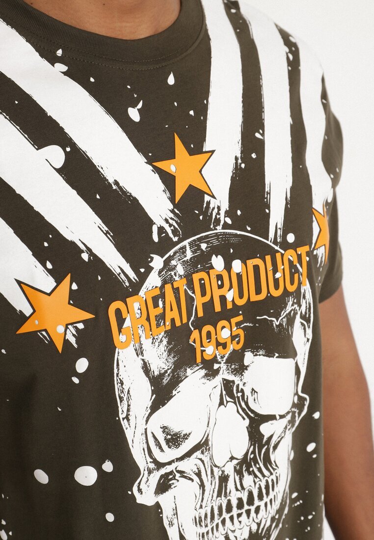 glo-story Tricou de Bumbac Bej închis cu Imprimeu Craniu Kolarisa