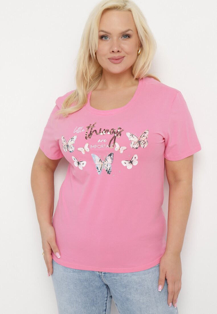 glo-story Tricou de bumbac Roz cu mânecă scurtă cu imprimeu și Zirconii Qumara