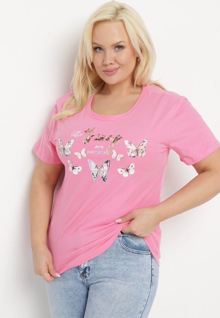 glo-story Tricou de bumbac Roz cu mânecă scurtă cu imprimeu și Zirconii Qumara