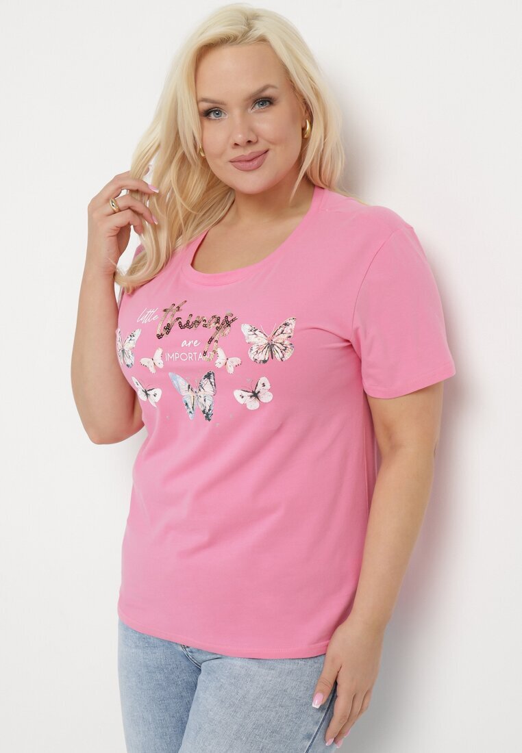 glo-story Tricou de bumbac Roz cu mânecă scurtă cu imprimeu și Zirconii Qumara