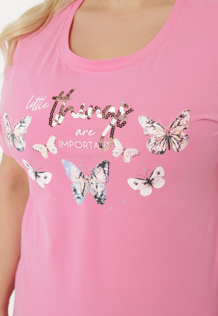 glo-story Tricou de bumbac Roz cu mânecă scurtă cu imprimeu și Zirconii Qumara