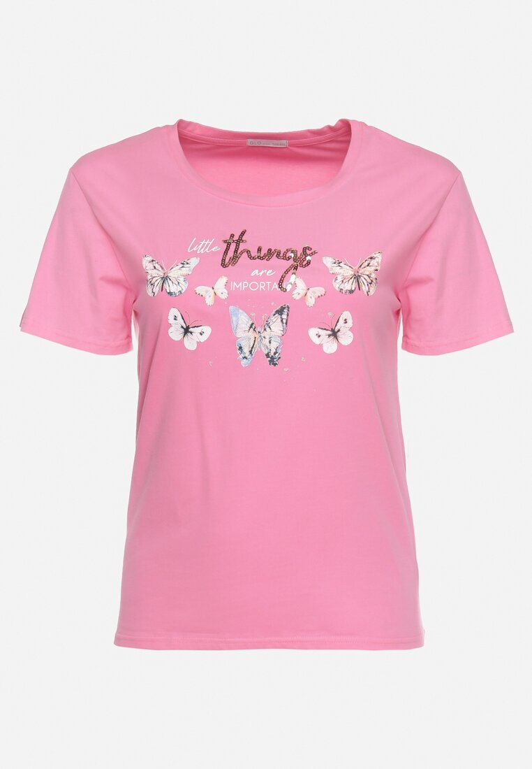 glo-story Tricou de bumbac Roz cu mânecă scurtă cu imprimeu și Zirconii Qumara
