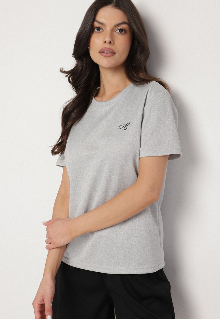 glo-story Tricou Gri deschis cu croială clasică cu broderie decorativă Galerrena