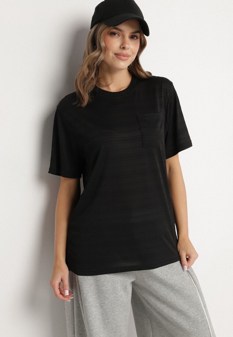 glo-story Tricou Negru cu Croială Clasică cu Buzunar Mairalissa