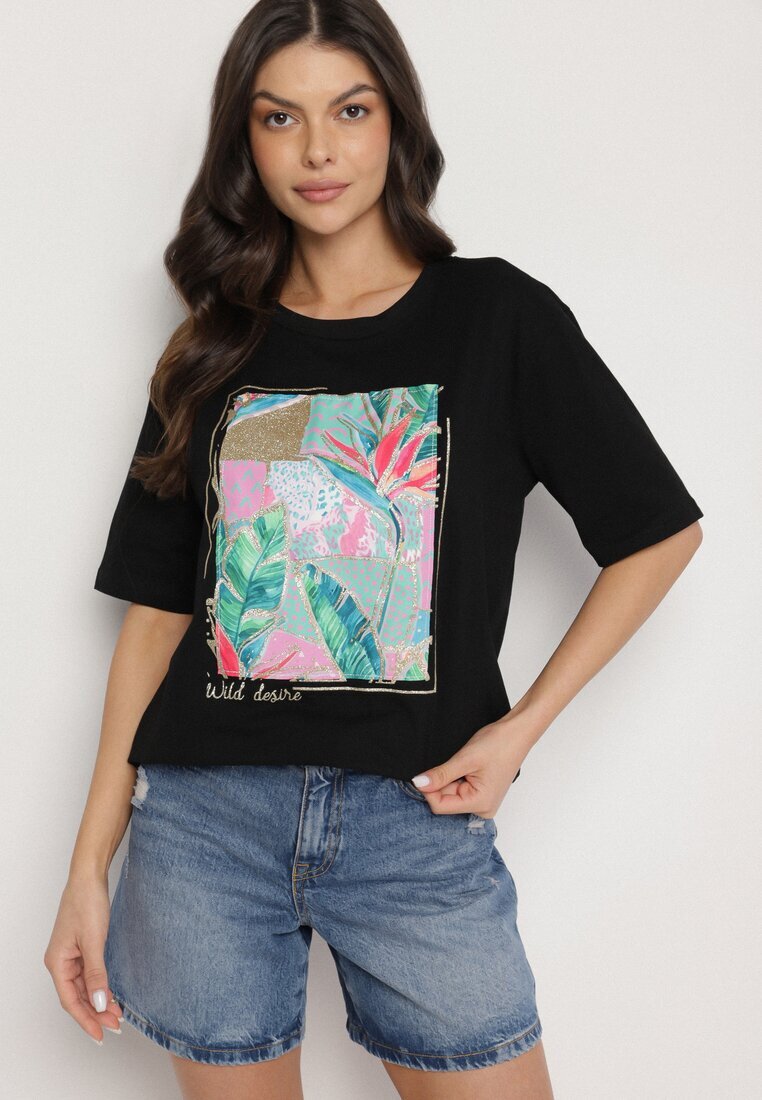 glo-story Tricou negru de bumbac cu imprimeu decorativ Delmari
