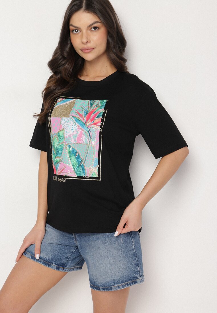 glo-story Tricou negru de bumbac cu imprimeu decorativ Delmari