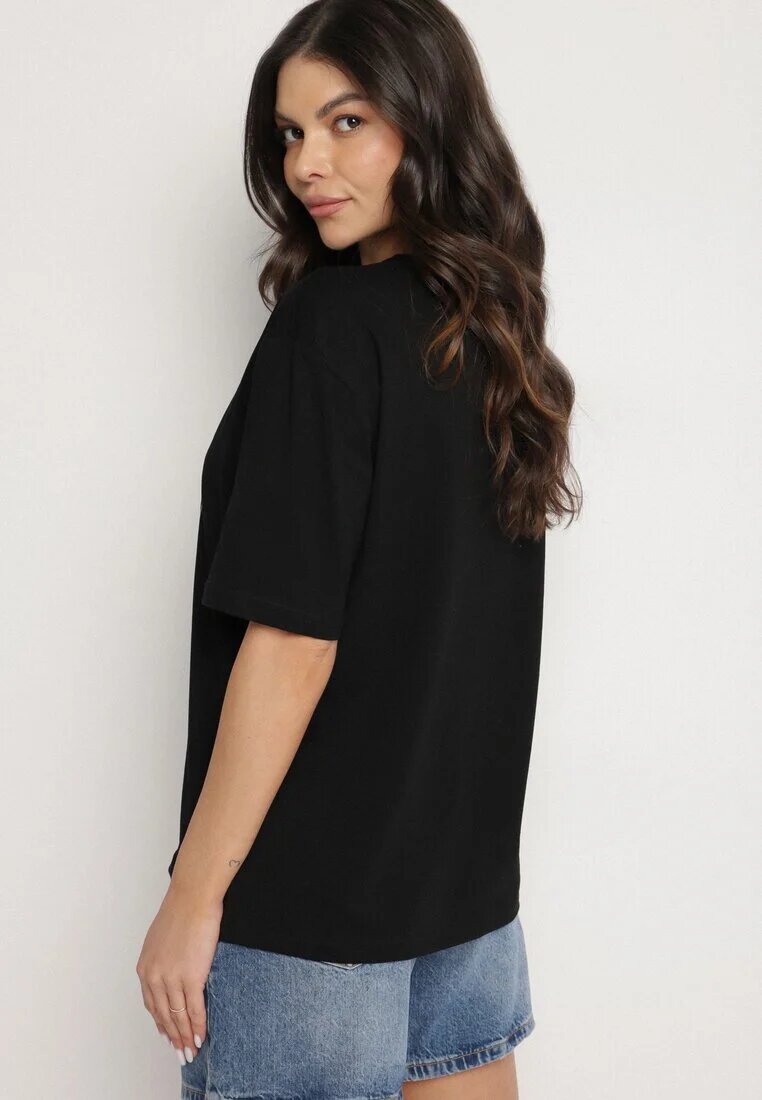 glo-story Tricou negru de bumbac cu imprimeu decorativ Delmari