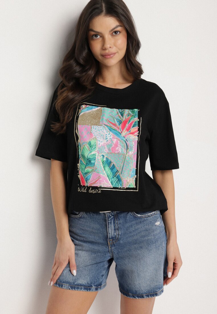glo-story Tricou negru de bumbac cu imprimeu decorativ Delmari