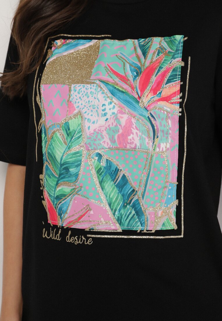 glo-story Tricou negru de bumbac cu imprimeu decorativ Delmari