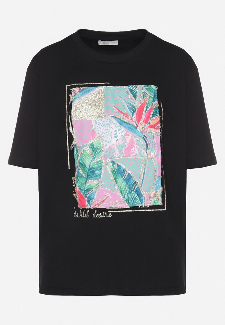 glo-story Tricou negru de bumbac cu imprimeu decorativ Delmari