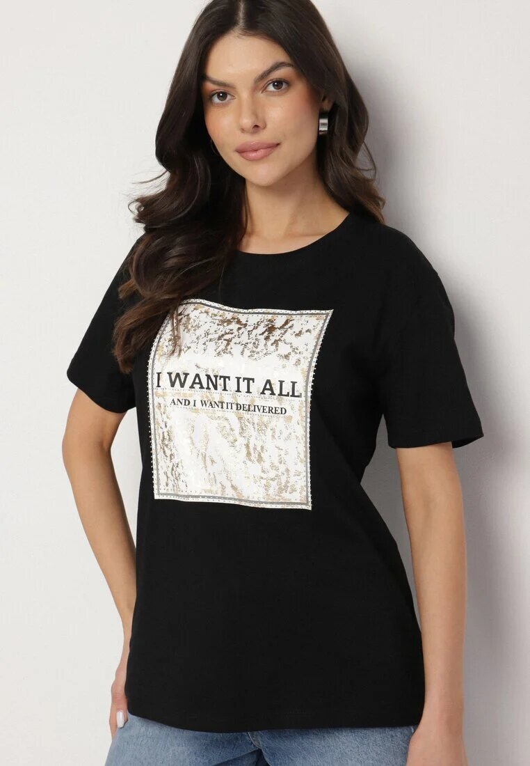 glo-story Tricou Negru de bumbac Decorat cu imprimeu Nelltaria