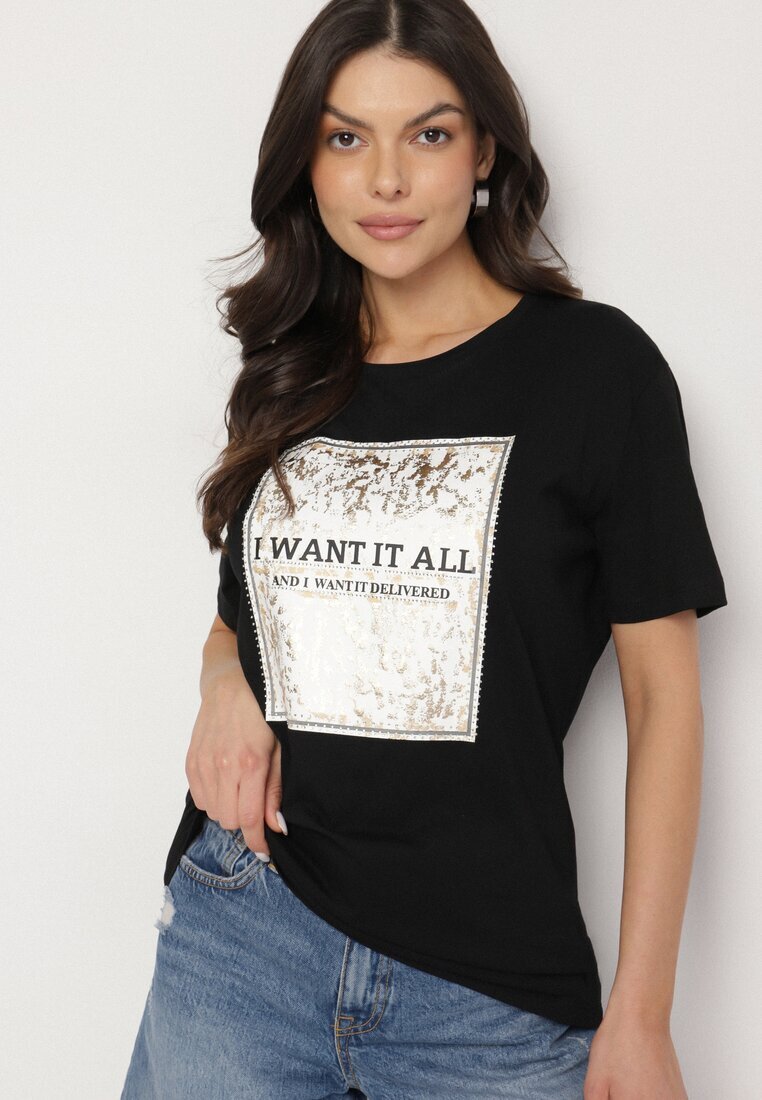 glo-story Tricou Negru de bumbac Decorat cu imprimeu Nelltaria