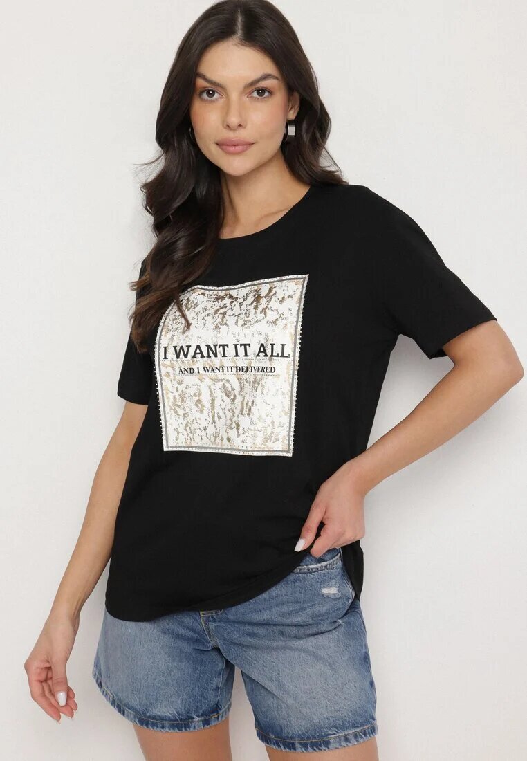 glo-story Tricou Negru de bumbac Decorat cu imprimeu Nelltaria