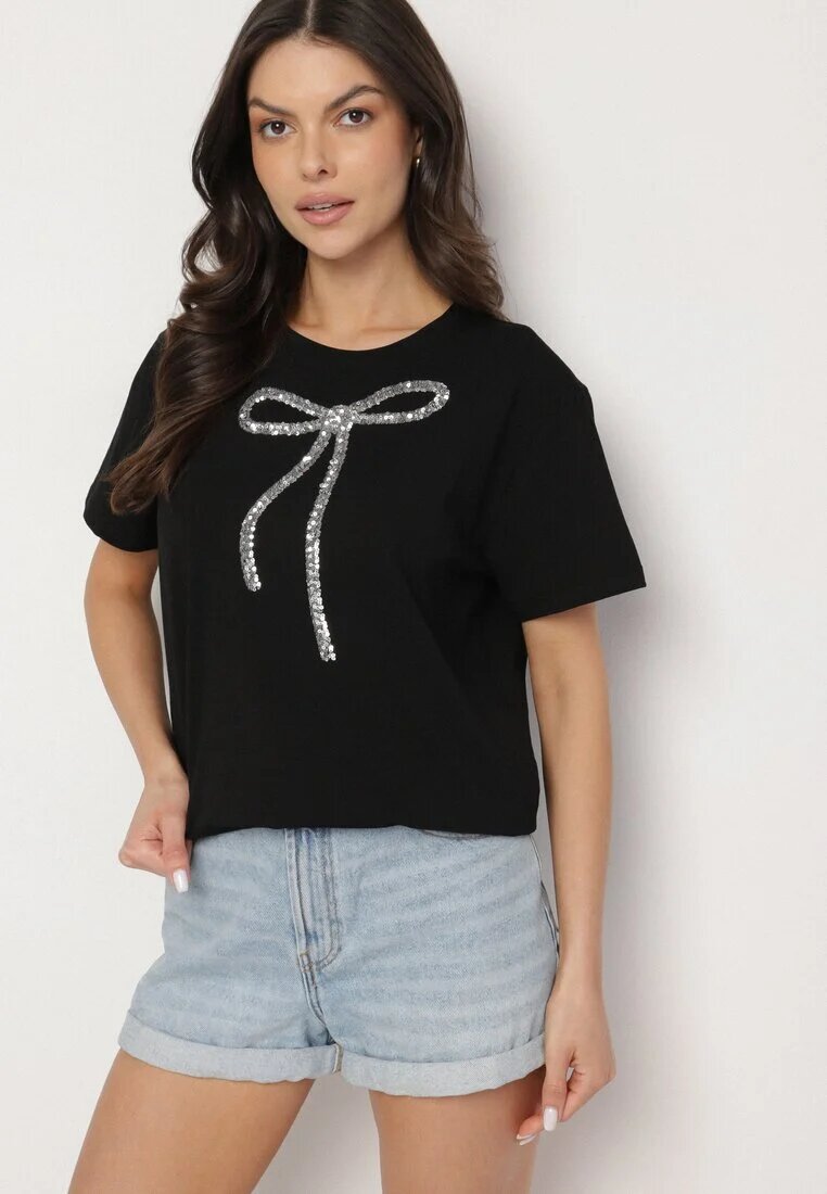 glo-story Tricou Negru Oversize din Bumbac Decorat cu Fundă cu Paiete Tenesela