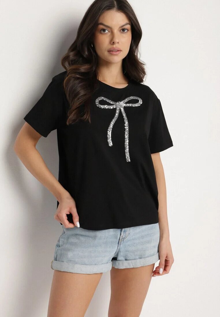 glo-story Tricou Negru Oversize din Bumbac Decorat cu Fundă cu Paiete Tenesela