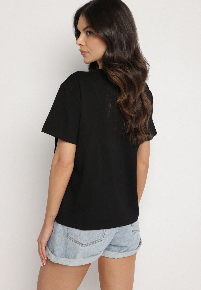 glo-story Tricou Negru Oversize din Bumbac Decorat cu Fundă cu Paiete Tenesela