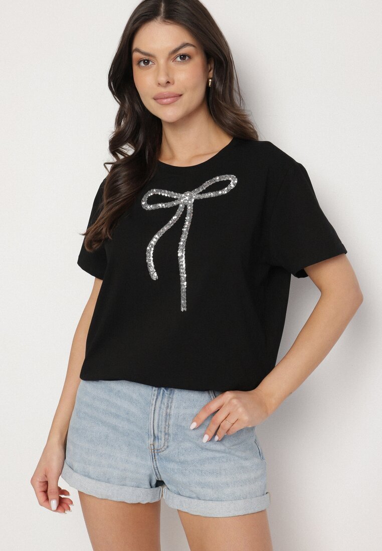 glo-story Tricou Negru Oversize din Bumbac Decorat cu Fundă cu Paiete Tenesela