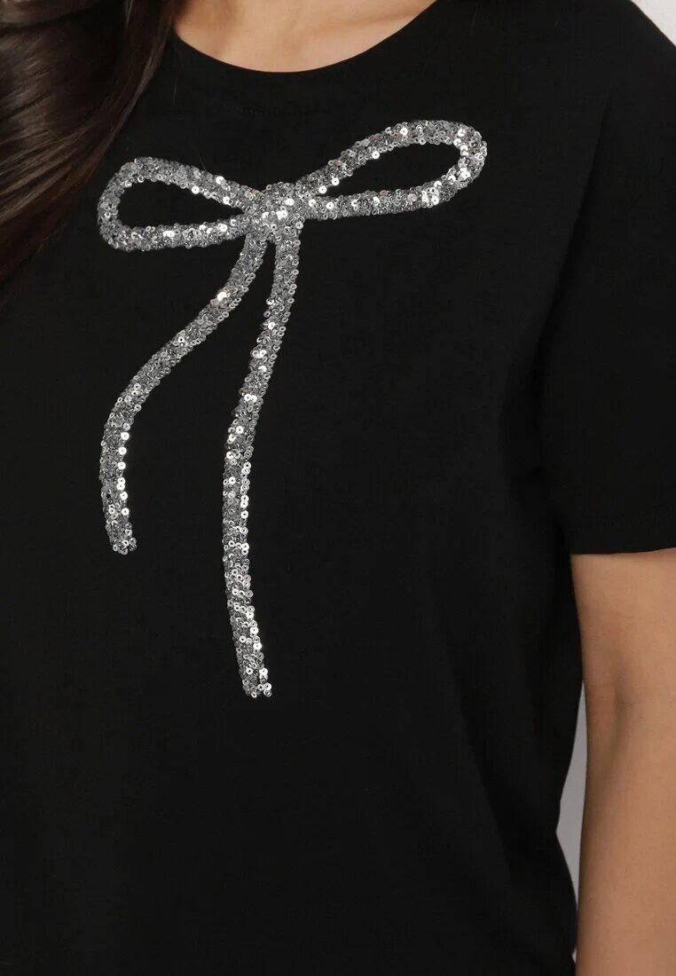 glo-story Tricou Negru Oversize din Bumbac Decorat cu Fundă cu Paiete Tenesela