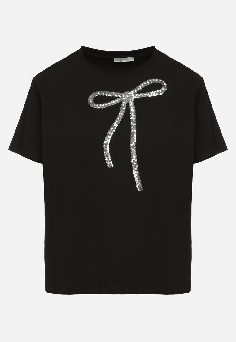 glo-story Tricou Negru Oversize din Bumbac Decorat cu Fundă cu Paiete Tenesela