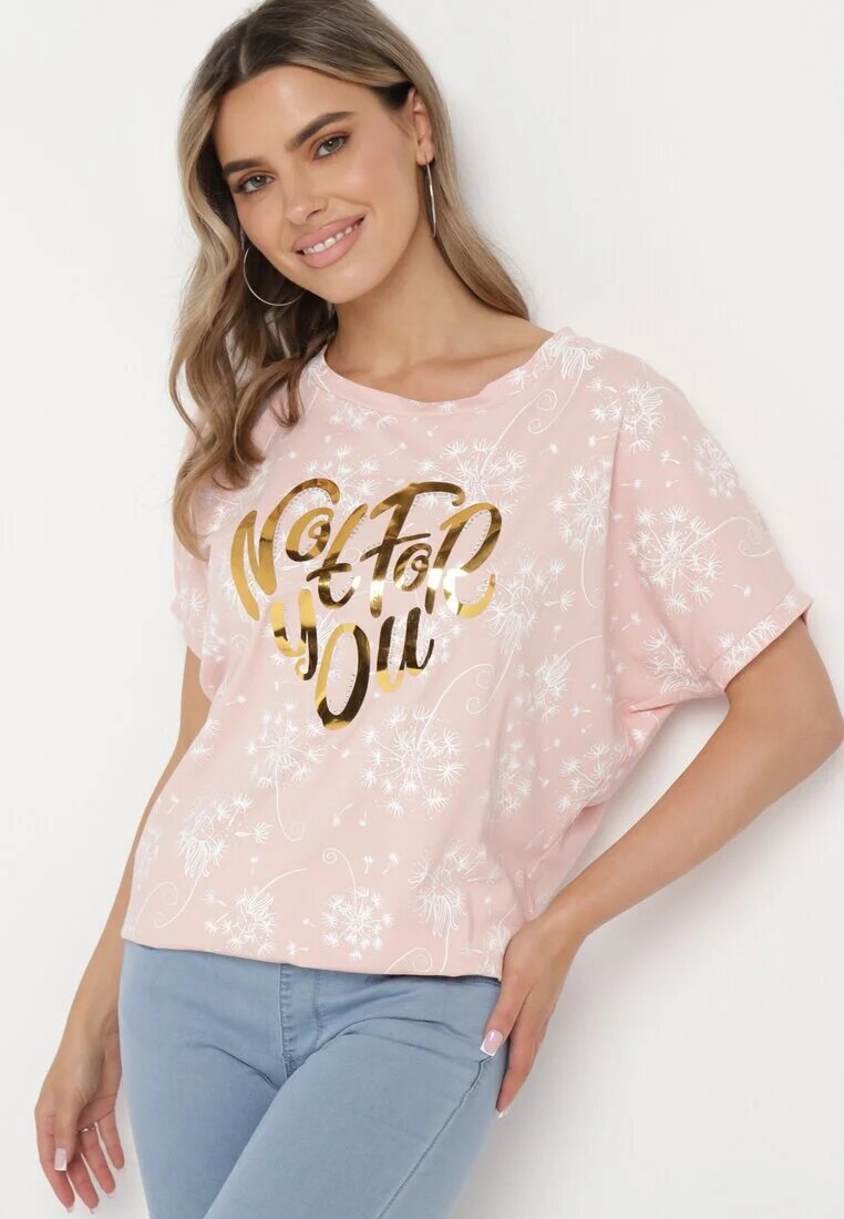 glo-story Tricou Roz de bumbac cu mâneci tip liliac cu strasuri și imprimeu Sevres