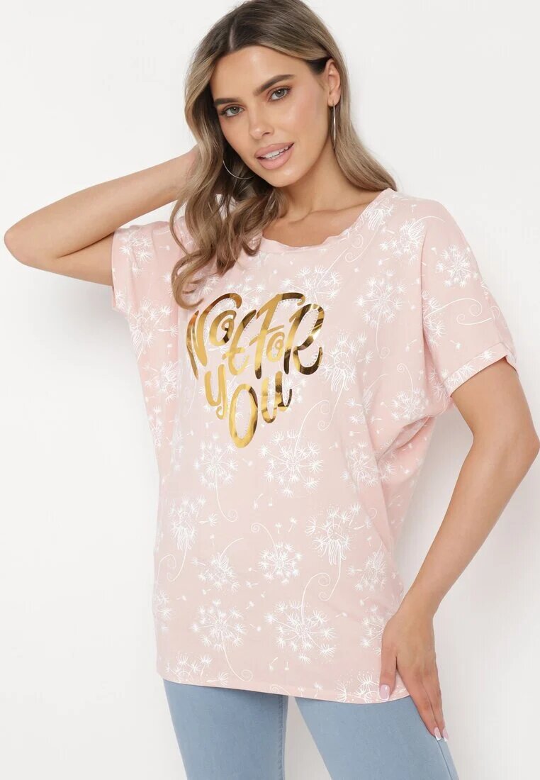glo-story Tricou Roz de bumbac cu mâneci tip liliac cu strasuri și imprimeu Sevres
