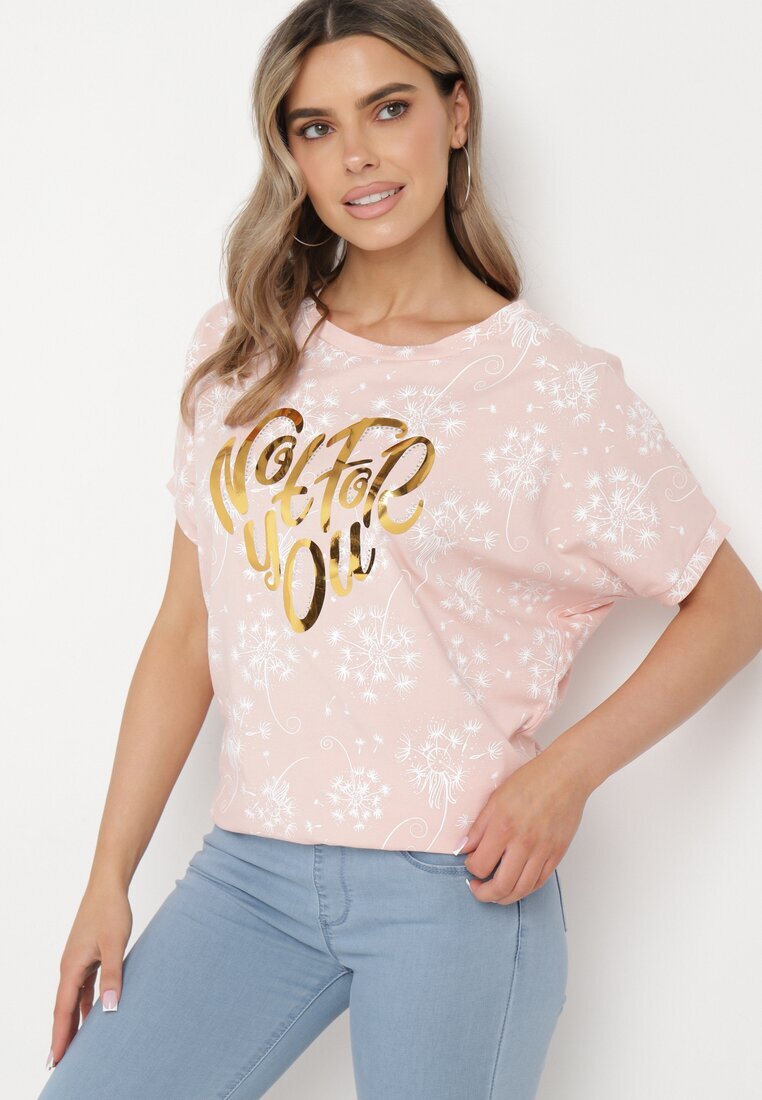 glo-story Tricou Roz de bumbac cu mâneci tip liliac cu strasuri și imprimeu Sevres