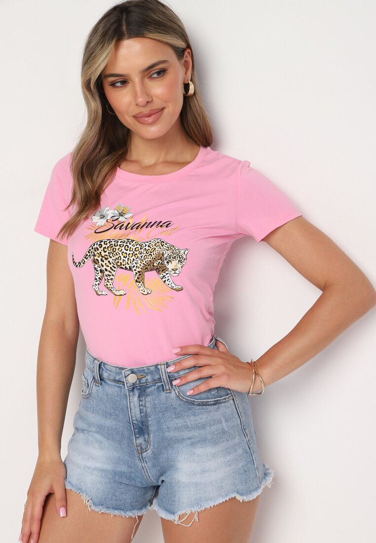 glo-story Tricou Roz din Bumbac cu Imprimeu Panteră Yelfea