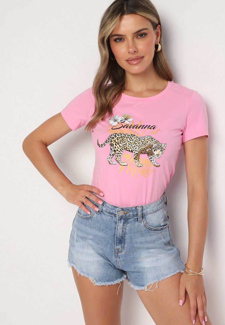 glo-story Tricou Roz din Bumbac cu Imprimeu Panteră Yelfea