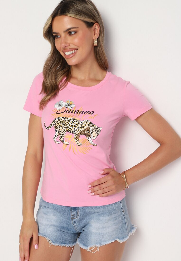 glo-story Tricou Roz din Bumbac cu Imprimeu Panteră Yelfea