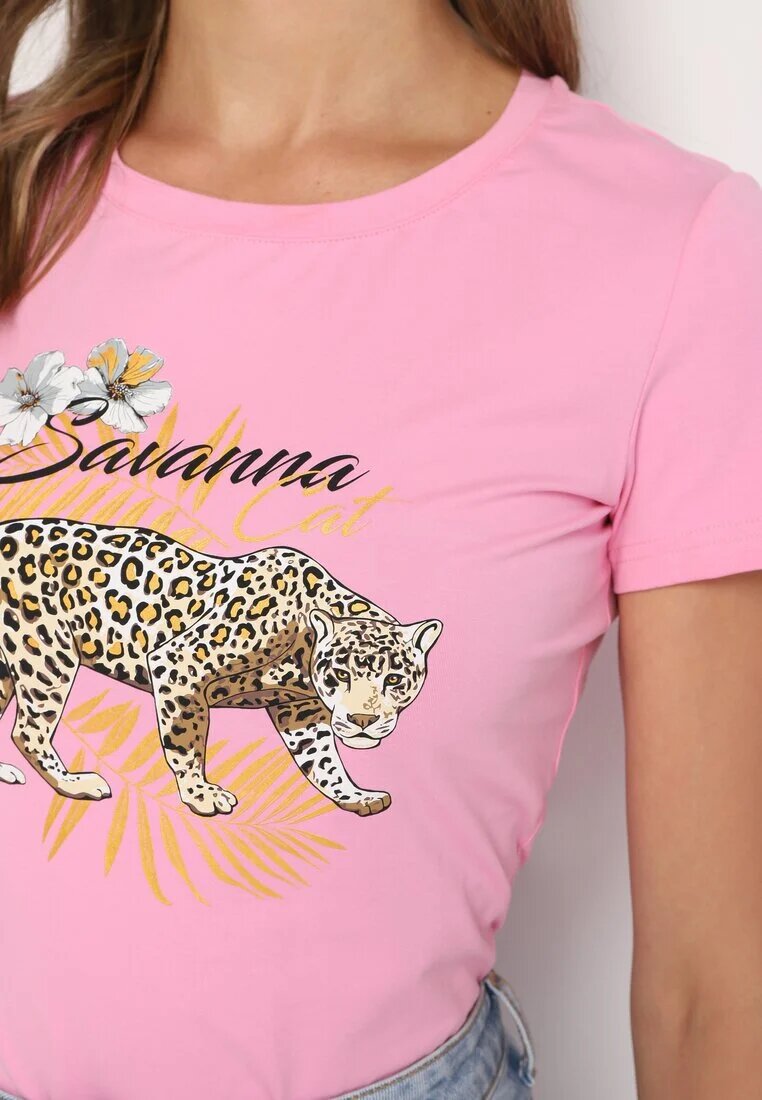 glo-story Tricou Roz din Bumbac cu Imprimeu Panteră Yelfea