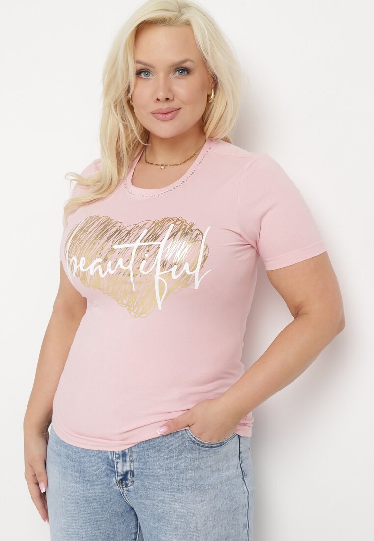 glo-story Tricou Roz din Bumbac cu Mânecă Scurtă Decorat cu Imprimeu și Pietre decorative Ozelia