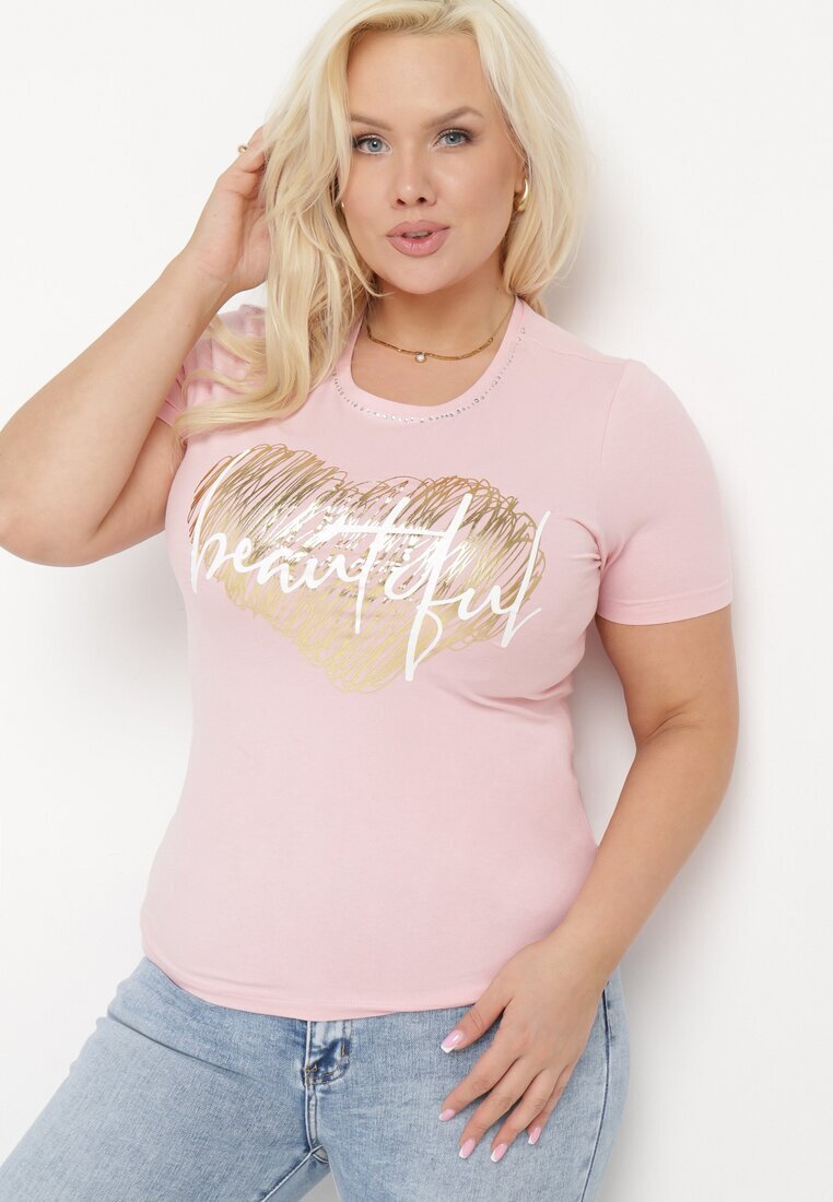 glo-story Tricou Roz din Bumbac cu Mânecă Scurtă Decorat cu Imprimeu și Pietre decorative Ozelia