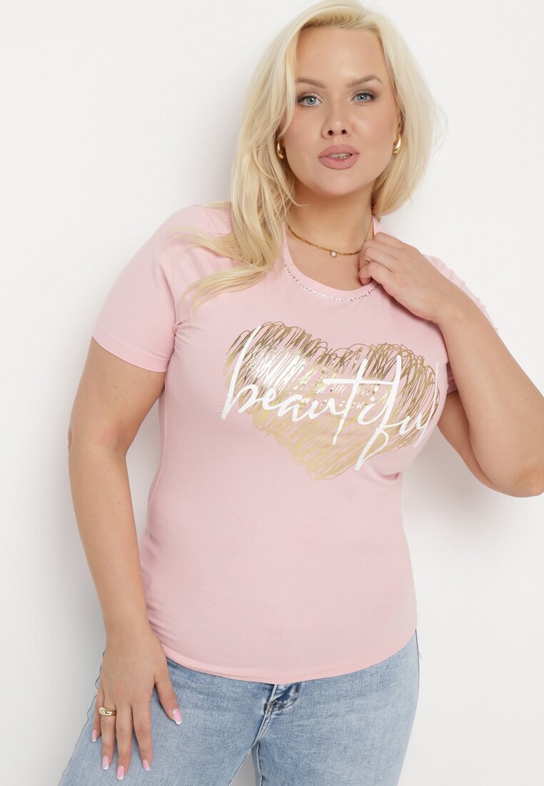 glo-story Tricou Roz din Bumbac cu Mânecă Scurtă Decorat cu Imprimeu și Pietre decorative Ozelia