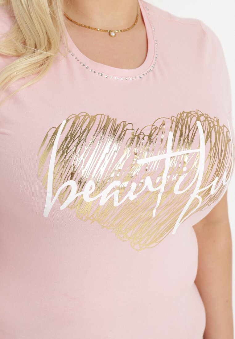 glo-story Tricou Roz din Bumbac cu Mânecă Scurtă Decorat cu Imprimeu și Pietre decorative Ozelia