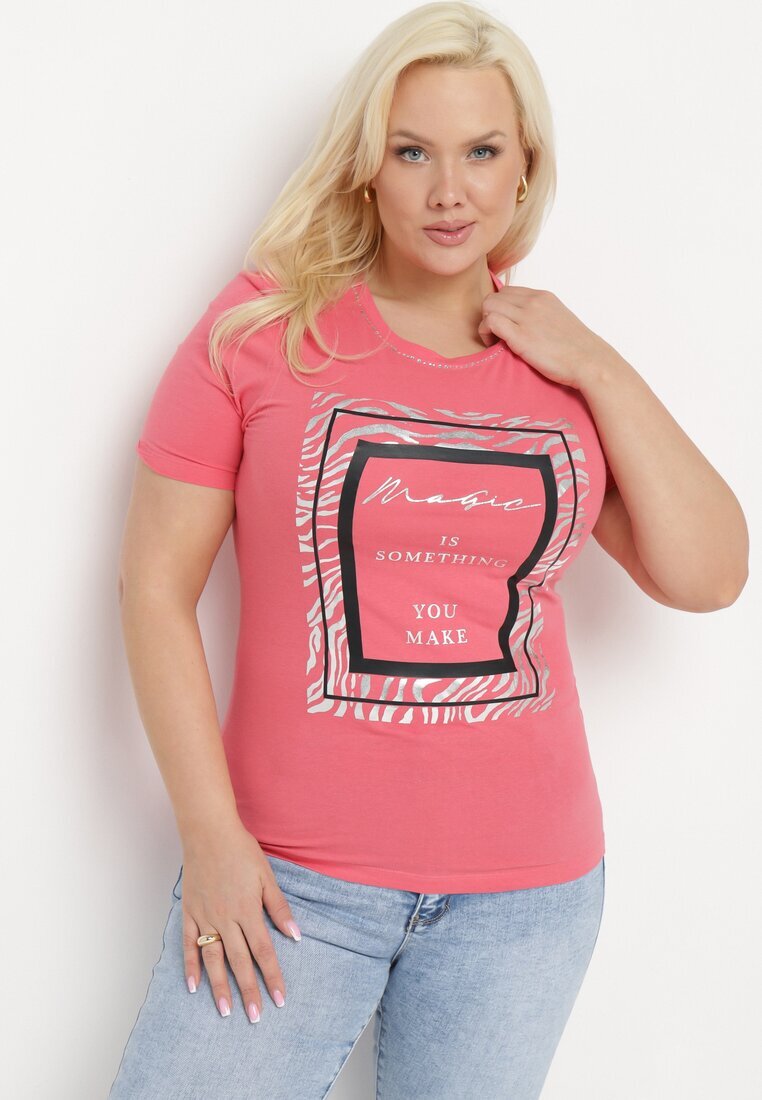 glo-story Tricou Roz din bumbac cu mânecă scurtă decorat cu imprimeu și zirconii Codara