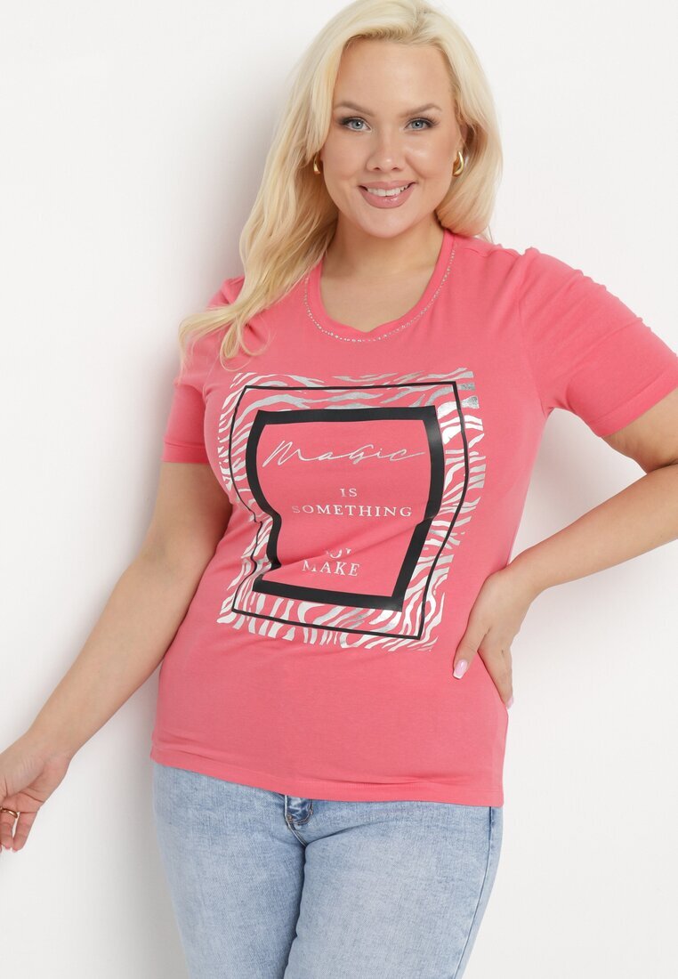 glo-story Tricou Roz din bumbac cu mânecă scurtă decorat cu imprimeu și zirconii Codara
