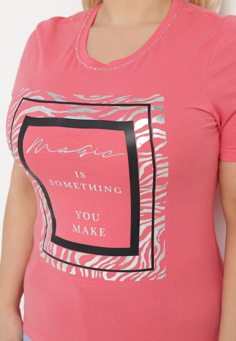 glo-story Tricou Roz din bumbac cu mânecă scurtă decorat cu imprimeu și zirconii Codara
