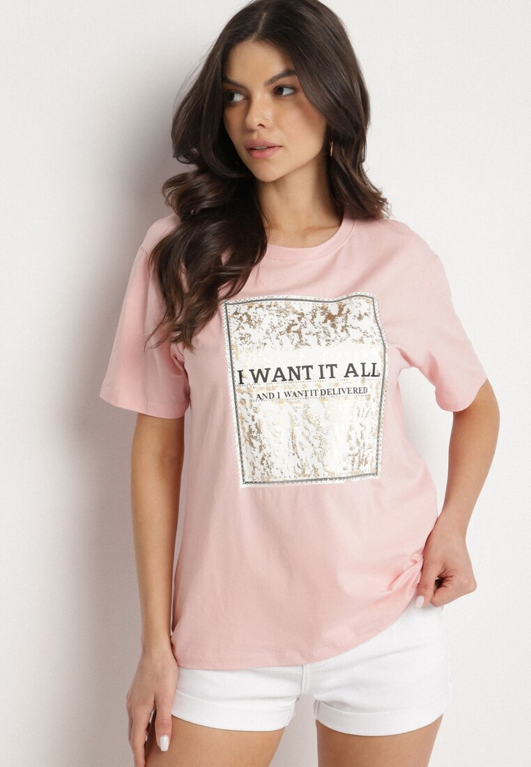 glo-story Tricou Roz din Bumbac Decorat cu Imprimeu Nelltaria