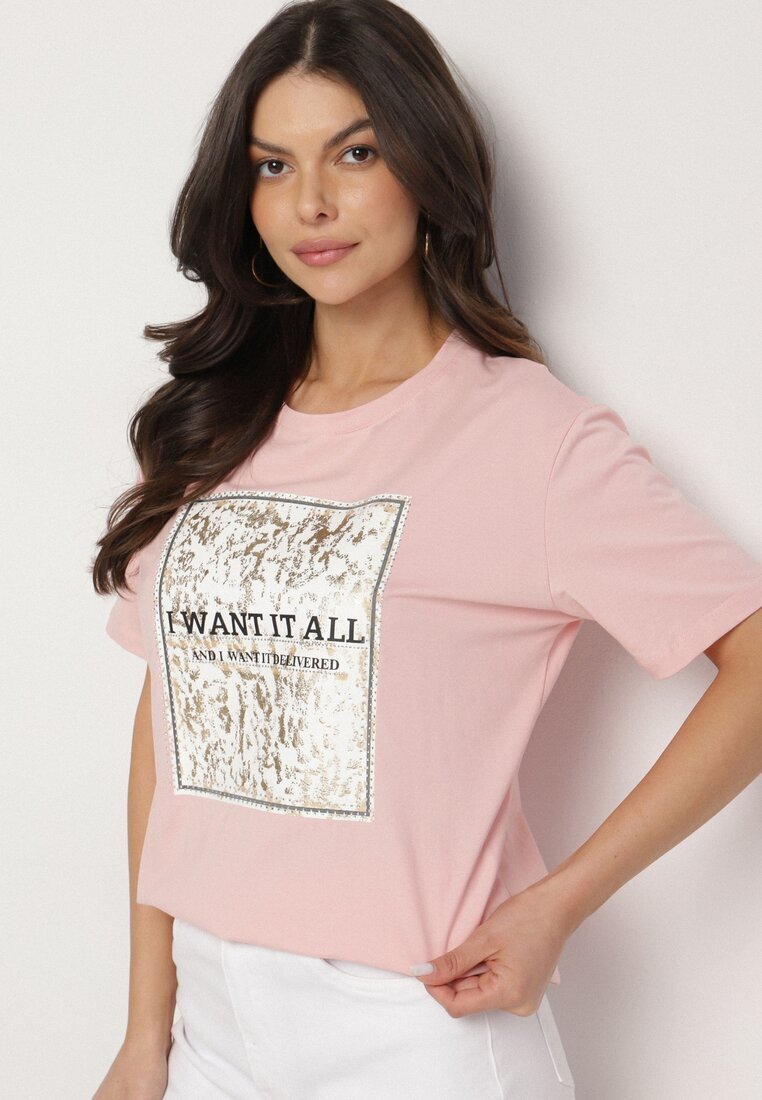 glo-story Tricou Roz din Bumbac Decorat cu Imprimeu Nelltaria