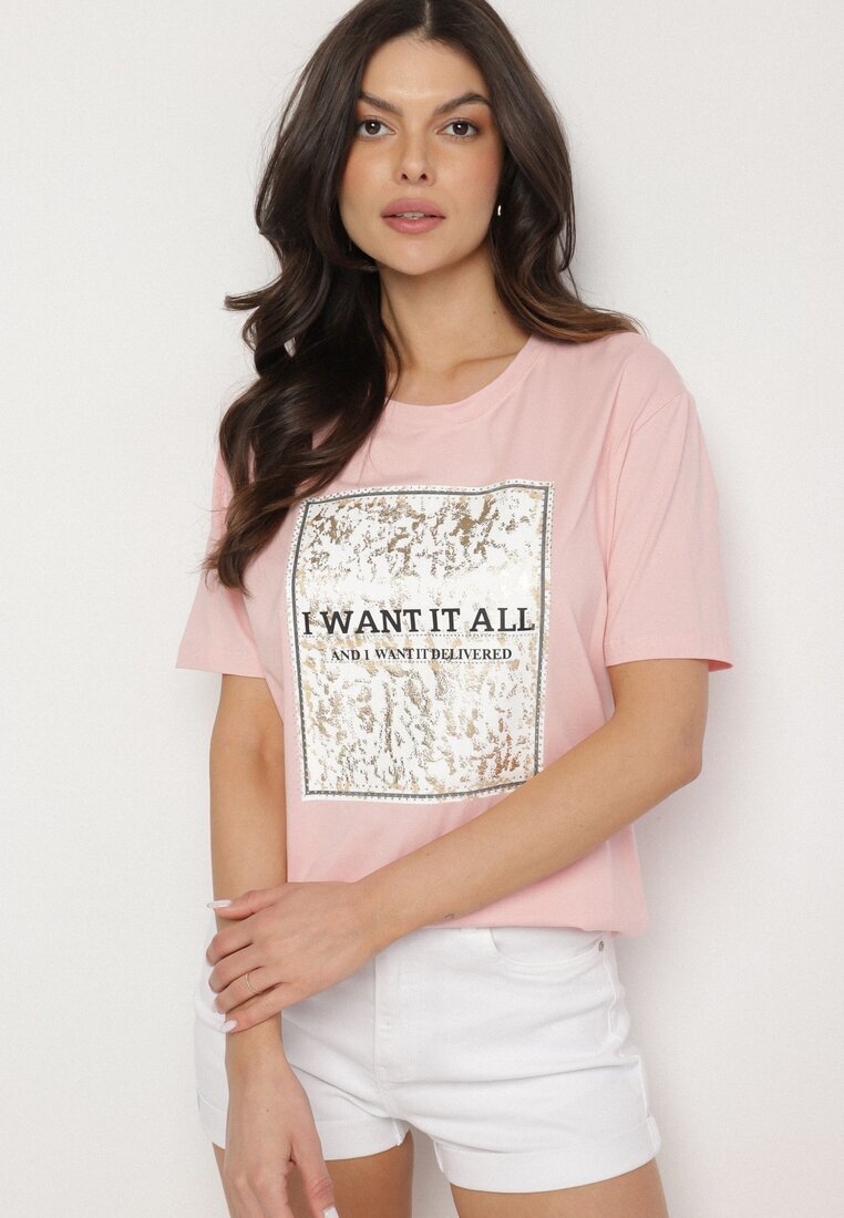 glo-story Tricou Roz din Bumbac Decorat cu Imprimeu Nelltaria