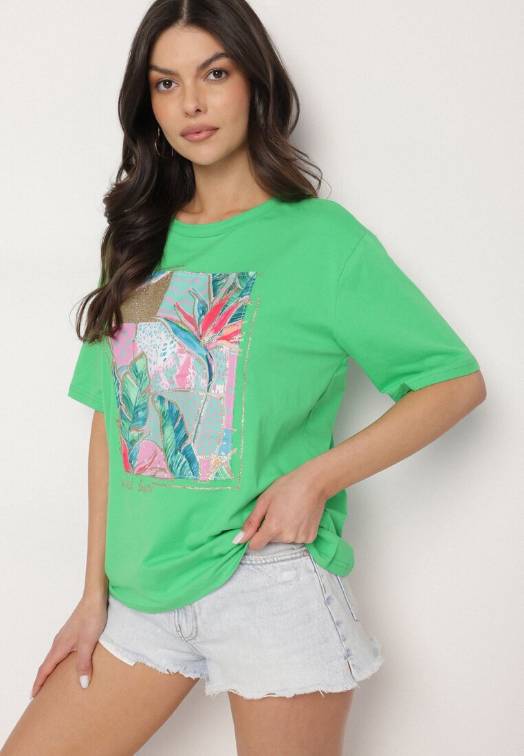 glo-story Tricou verde de bumbac cu imprimeu decorativ Delmari