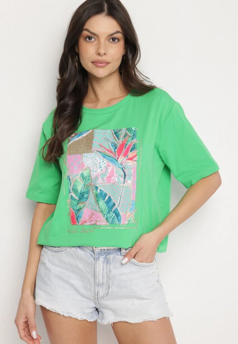 glo-story Tricou verde de bumbac cu imprimeu decorativ Delmari