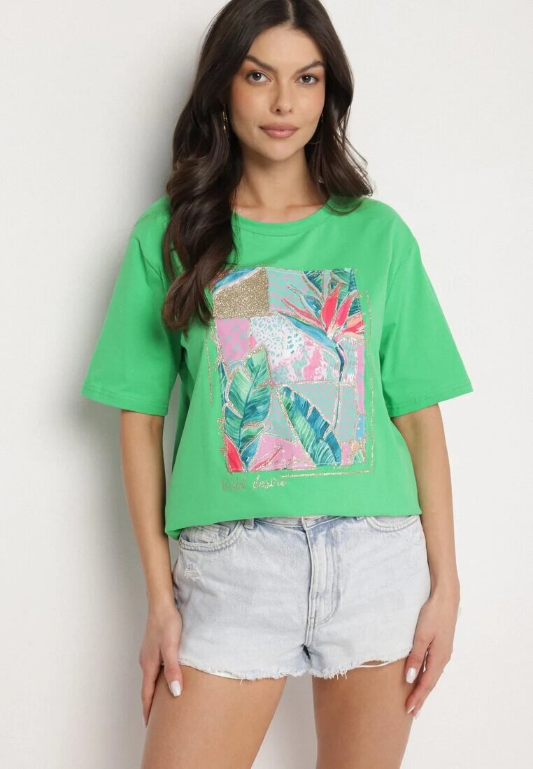glo-story Tricou verde de bumbac cu imprimeu decorativ Delmari