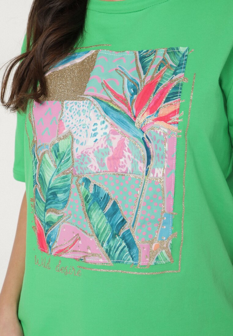 glo-story Tricou verde de bumbac cu imprimeu decorativ Delmari